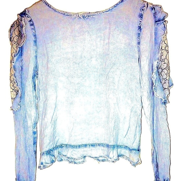 Cotton Jean Top Lace Ruffle Puff Shoulders Button Back, by Style Envy, NWOT, M - Picture 1 of 6